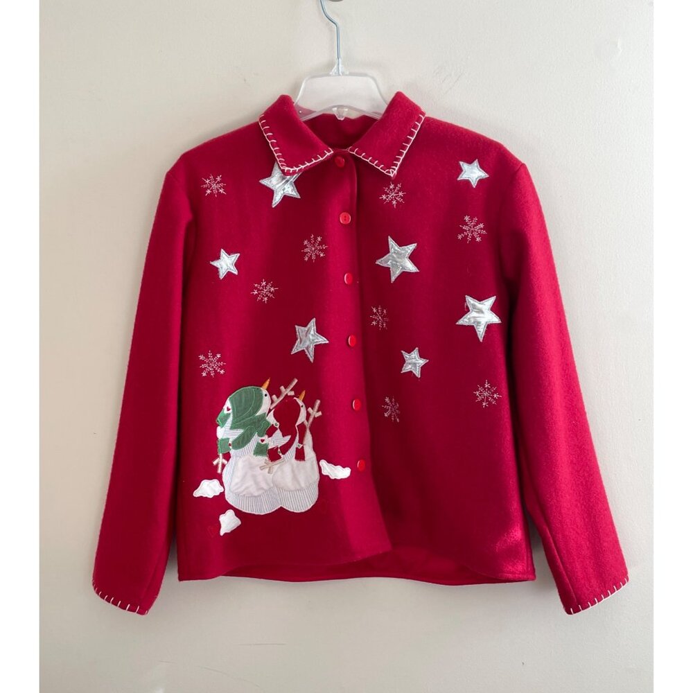 Vintage Red Wool Blend Holiday Jacket With Embroidered Snowmen & Stars - Size M